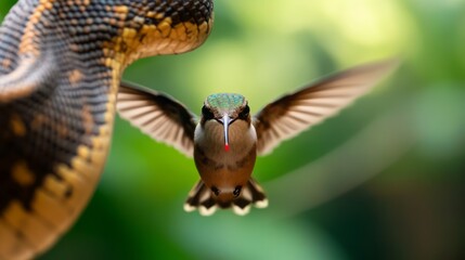 Naklejka premium Hummingbird in Flight Near Snake with Vibrant Colors and Intricate Details in Natural Setting