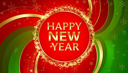 A festive, celebratory design featuring a circular Happy New Year message, set against a backdrop of swirling red and green tones, adorned with golden embellishments and snowflakes.