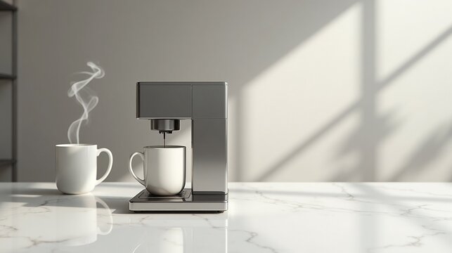 Coffee maker brewing fresh coffee with a mug on a marble surface