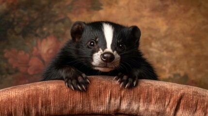 Fototapeta premium Adorable Black and White Badger with Striking Stripes Posing on Vintage Velvet Furniture