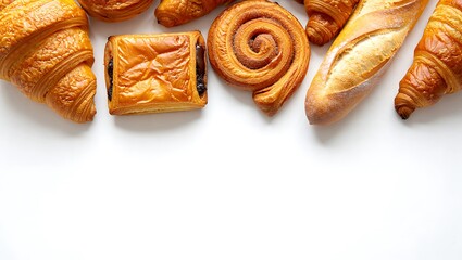 Top border of a white background showcasing a variety of golden baked French pastries including croissants, pain au chocolat, and a baguette.