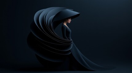 Elegant woman in dramatic black paper dress with flowing design against a dark minimalist background