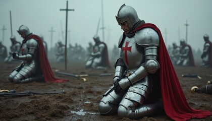 Knight in full medieval armor kneels in prayer on misty battlefield, surrounded by comrades. Scene evokes themes of honor, sacrifice, faith during historical warfare. Powerful image captures moment