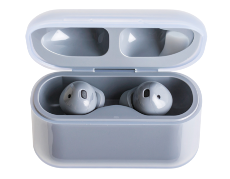Minimalist Wireless Earbuds in Charging Case, Top-Down View, Isolated on Transparent Background