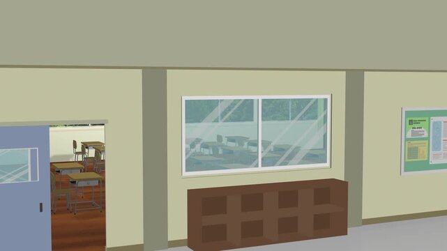 アニメーションの背景に使える教室の動画風景（学校の 1階から 2階へカメラを移動させる）