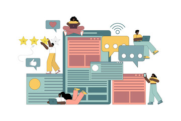 Social media, virtual communication. Men and women communicate and receive information using gadgets and the Internet.