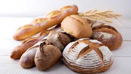 An inviting display of assorted freshly baked rustic bread loaves and baguettes, dusted with flour, beside wheat stalks on a bright white wooden table.