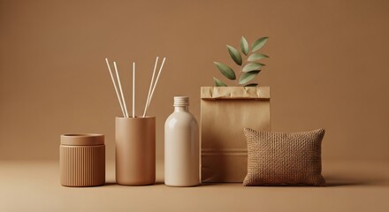 Serene spa ambiance with reed diffuser, lotion, plant, and pillow