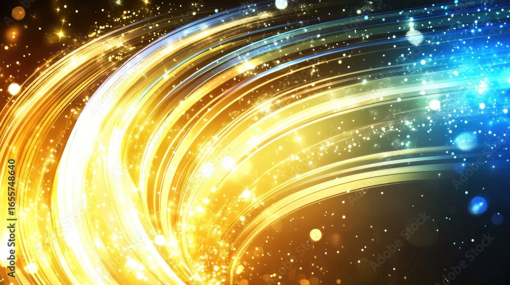 Poster luminous golden wave cascading into a celestial blue stream of sparkling particles.