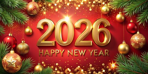 Golden 2026 New Year Decoration with Pine Branches and Baubles on Red