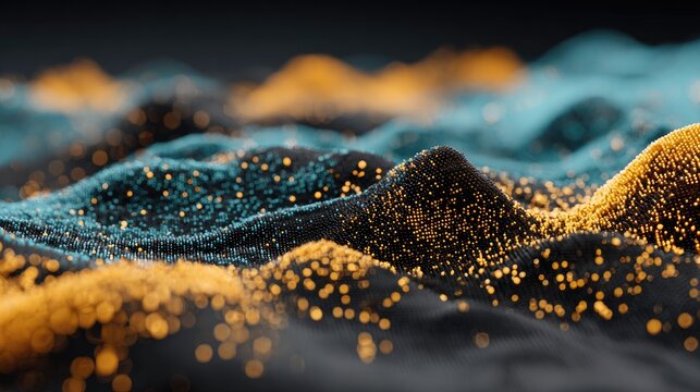 Abstract landscape of teal and gold particles