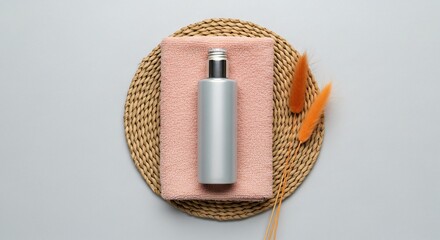 Elegant silver bottle on pink towel with natural decor