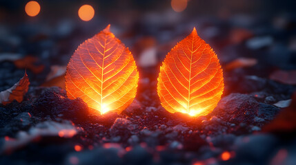 Glowing Autumn Leaves on Dark Ground with Bokeh Lights in the Ba