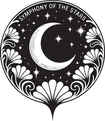 Celestial Moon Surrounded by Floral Wreath and Sparkling Stars A Mystical and Enchanting Black and White Illustration