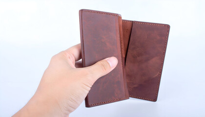 Hand Holding Open Brown Leather Wallet Against White Background.