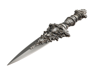 Angled Side View of Silver Dagger with Ornate Crystal Hilt, Highlighting Details, Isolated on Transparent Background