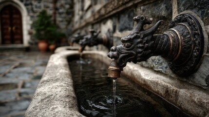 Ancient stone water trough with ornate dragon-head spouts