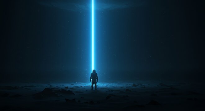 Astronaut standing under blue light beam on alien planet - Powered by Adobe