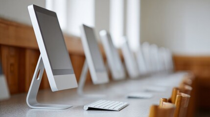Sleek, minimalist monitors stand sentinel in alignment, whispering digital secrets for International Geek Pride Day or National Caffeine Awareness Month