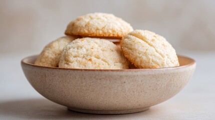 Creamy, sugar-dusted amaretti nestled in rustic ceramic dish, perfect for cozy hygge moments or whimsical biscuit appreciation day