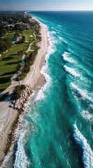 Coastal golf course with turquoise waves