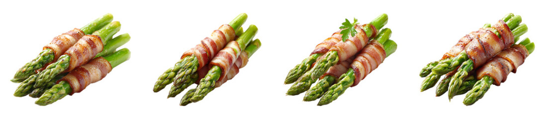 Grilled asparagus wrapped in crispy bacon isolated on transparent background.