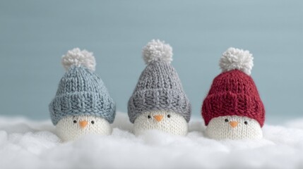 Obraz premium Three knitted snowman sculptures don cozy hats, evoking cozy Scandinavian Jul aesthetic and whimsical winter solstice magic