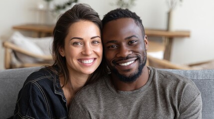 portrait of multiethnic couple embracing and looking at camera sitting on sofa smiling african american woman hugging mid adult man sitting on couch from behind at home happy mixed race couple laugh