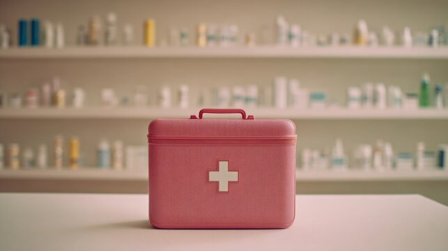 Pink first aid kit sits stoutly amid apothecary dreams, World First Aid Day readiness, pastel safety symbolism