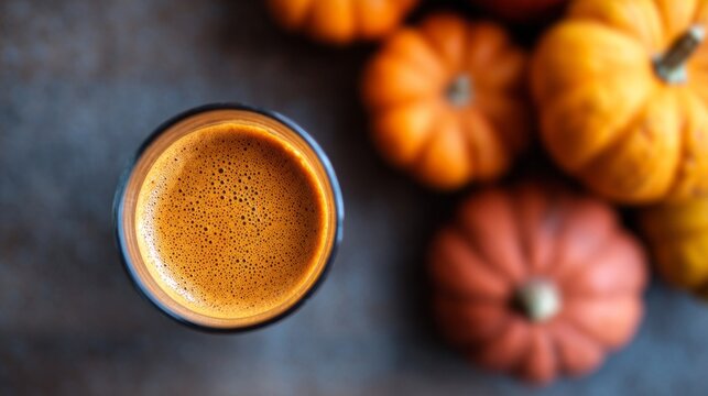 Rich espresso foams dance in autumnal symphony with pumpkins, celebrating cozy hygge vibes and National Pumpkin Day delight