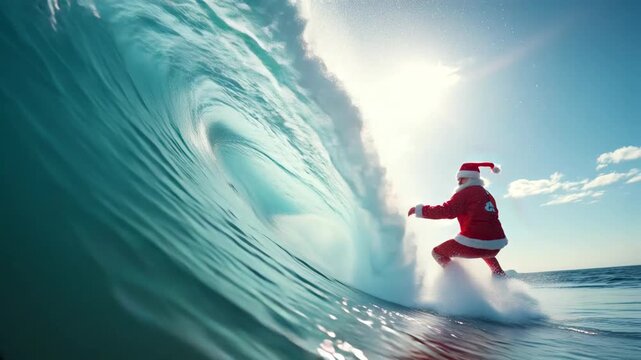 Santa Claus rides a surfboard in the sea under a giant wave, mixing Christmas spirit with extreme sport. Unique holiday concept, festive and adventurous mood.