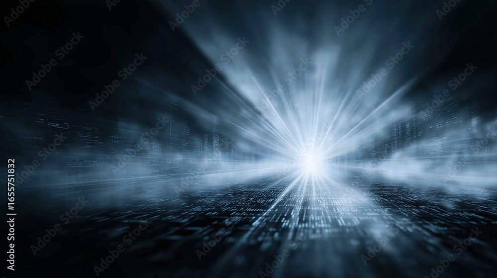 Poster light beams piercing digital abstract background bright light emanating from a futuristic cityscape,