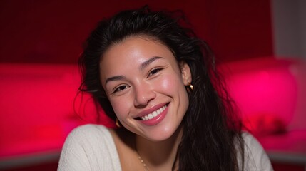 Radiant Latina woman glowing against neon pink hues, capturing vibrant joy of Dia de los Muertos and cultural unity