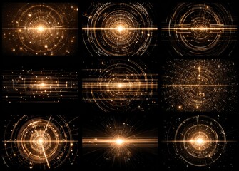 Golden light bursts on black background