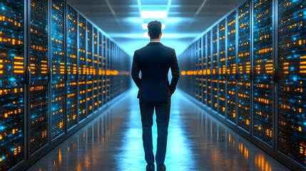 Businessman Standing in Data Center Hallway, Facing Servers, Bac