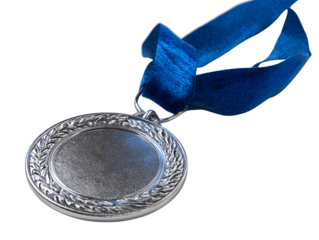 Angled Side View of Silver Medal with Blue Ribbon, Emphasizing Ribbon Draping and Medal Shine, Isolated on Transparent Background