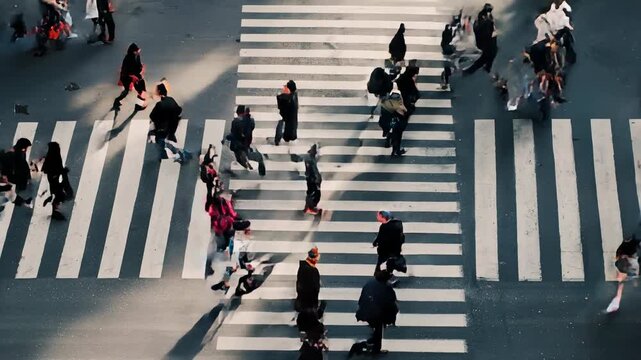 Top view timelapse of a busy pedestrian crosswalk with people walking in different directions, creating a dynamic urban city pattern full of motion and rhythm.