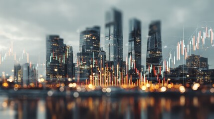 stock market business concept with financial chart with diagram and graphs at megapolis city background double exposure no logos no brands ar 169