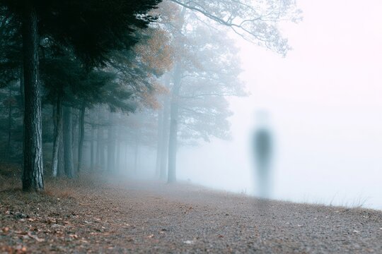 Misty figure looms hauntingly in enchanted silvan fog, evoking Samhain whispers and Nordic folktale mysteries on ethereal trail