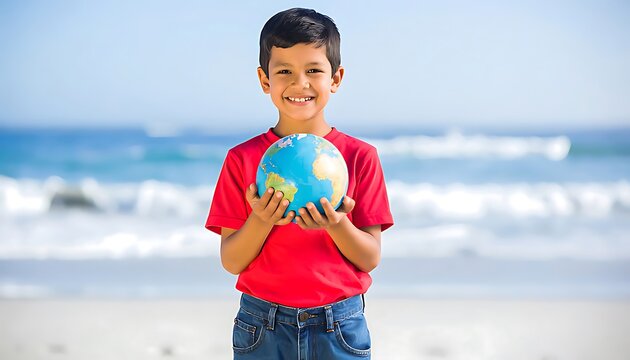 Young boy holding a globe at the beach.