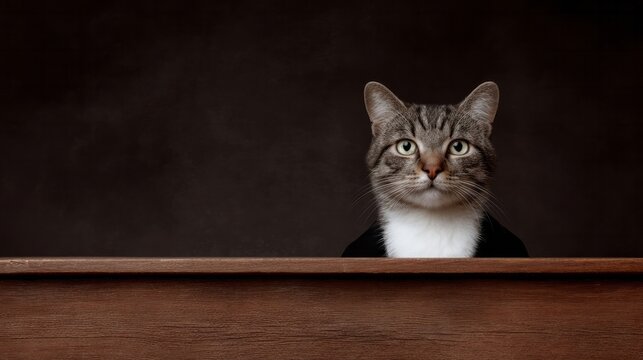 Stoic tabby cat peeking over polished mahogany, evoking Caturday serenity and International Cat Day's whimsical tableau vivants