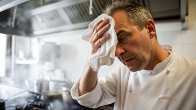 Stressed chef mops brow in kitchen