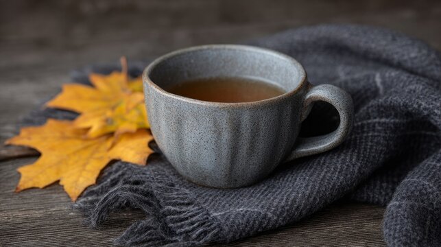 Steaming autumnal elixir cradled in rustic stoneware, woven warmth embracing, celebrating Hygge and Samhain's golden whisper