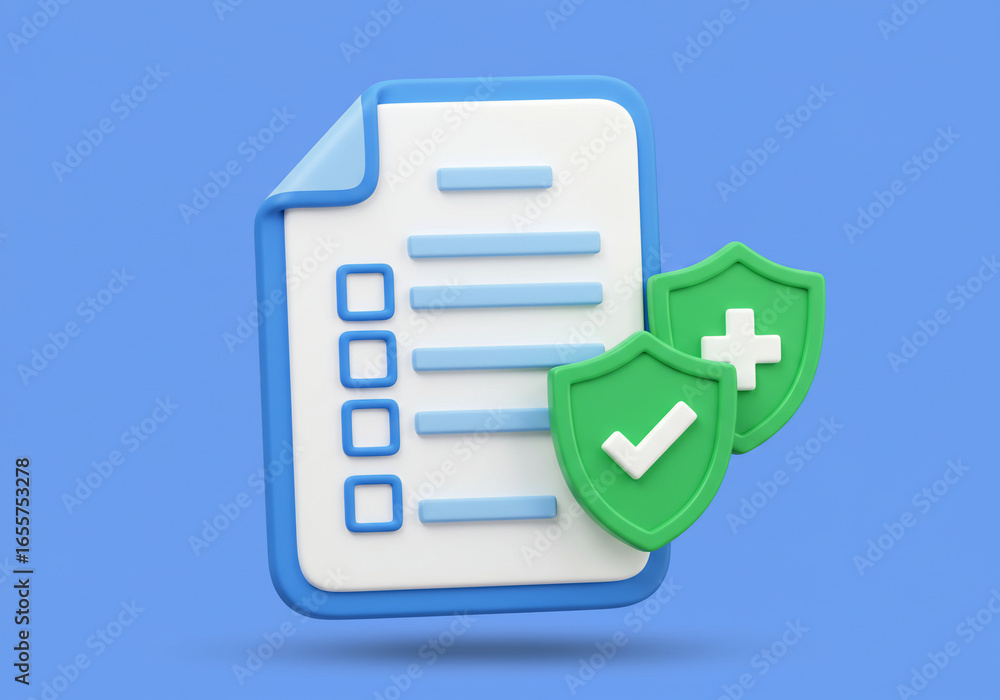 Fototapete a 3d rendering of a clipboard with a checklist and two green shields, one with a checkmark and one w