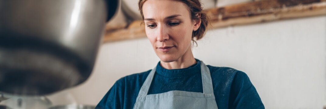 Crafting artisan bread, a focused Caucasian woman kneads dough, evoking Hygge warmth, celebrating World Baking Day simplicity
