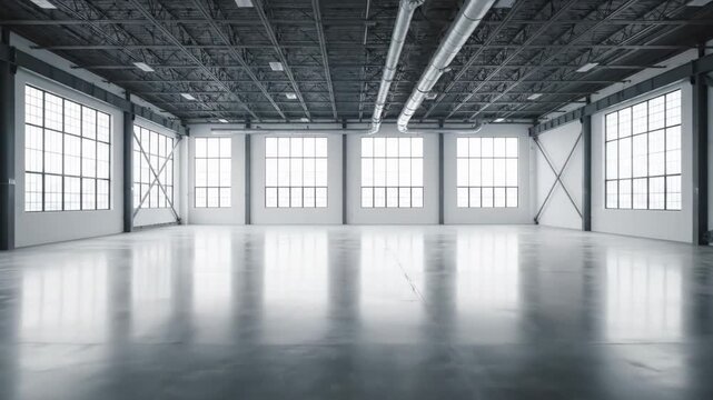 Empty Industrial Warehouse with Polished Concrete Floor - A spacious, empty industrial warehouse with a polished concrete floor and large windows is shown.