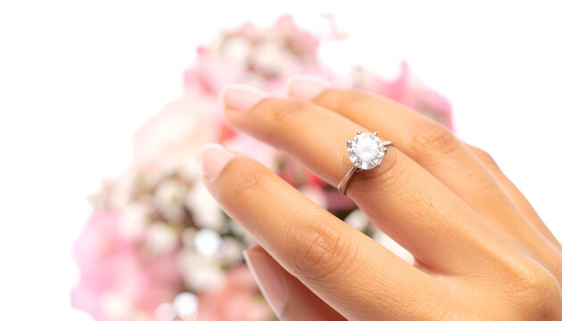 Sparkling Diamond Ring on a Hand with Soft Pink Floral Background. - Powered by Adobe