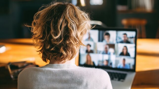 back view of business woman talking to her colleagues about plan in video conference multiethnic business team using laptop for a online meeting in video call group of people smart working from home