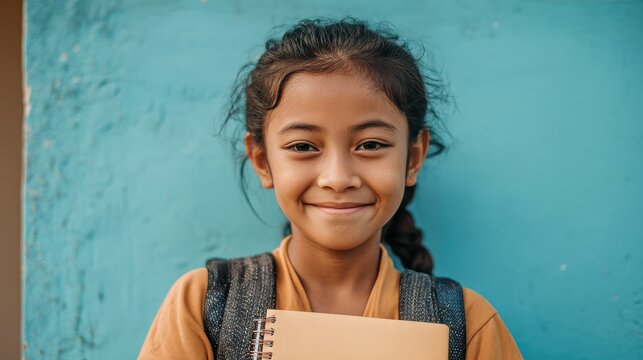 smiling student girl wearing school backpack and holding exercise book portrait of happy asian young girl outside the primary school closeup face of smiling hispanic schoolgirl looking at camera no l