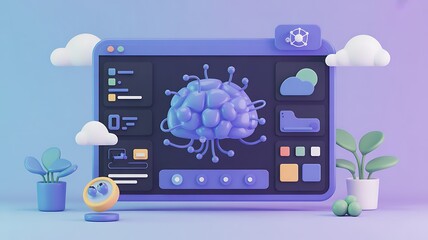 Creative Brainstorming and Application Development Concept Depicting a Stylized Brain Inside a Digital Interface with Modern Design Elements